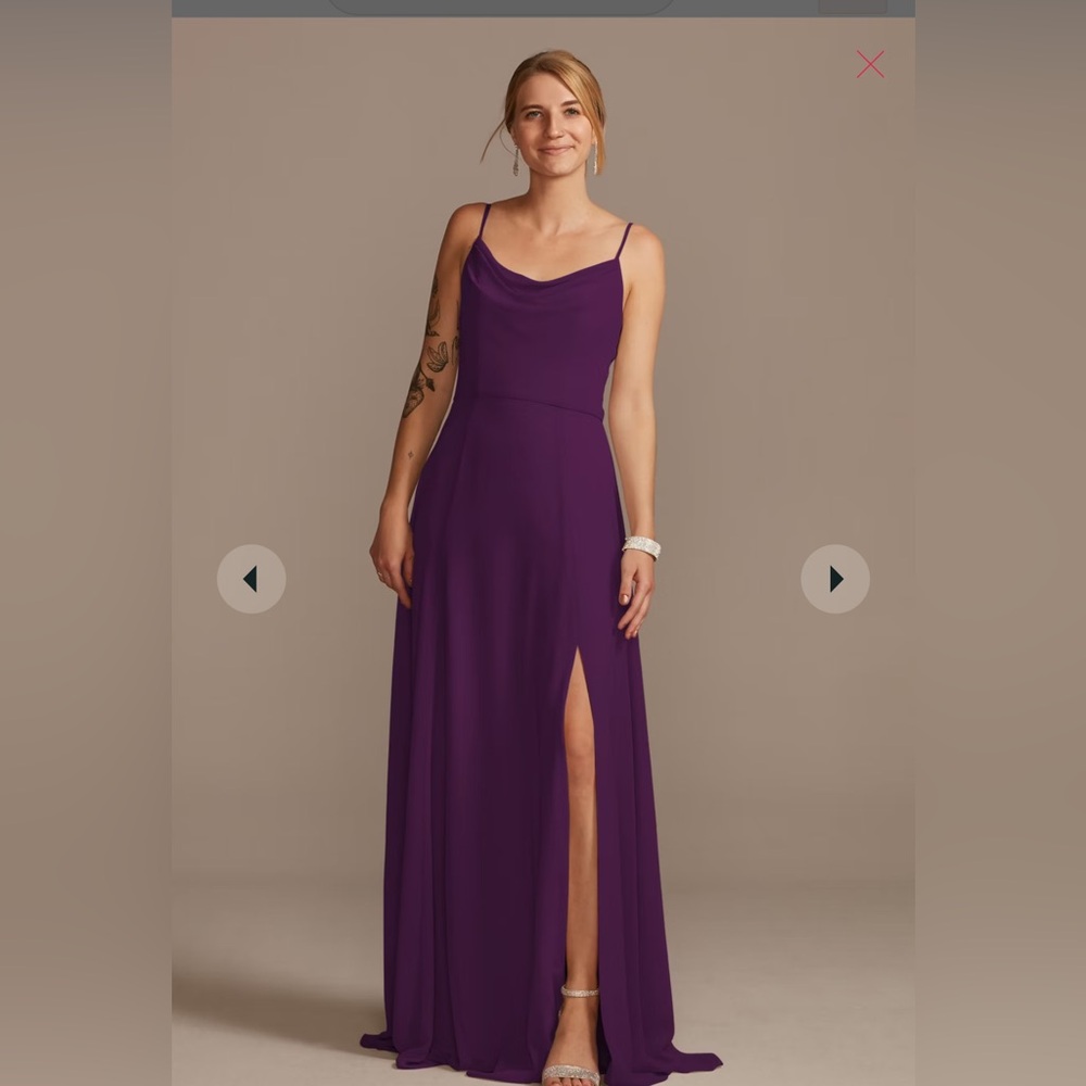 David's Bridal Cowl Neck Chiffon Dress Plum with Slit Size 12